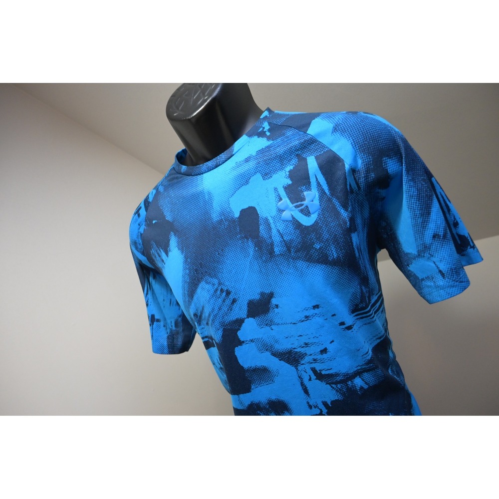 Under Armour Gym Shirt Mens Medium Blue Graphic HeatGear Athletic Excellent